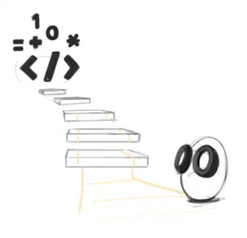 Hand-drawn sketch of stairs leading to a code editor icon with JavaScript symbols