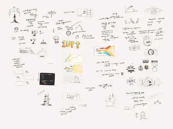 Hand-drawn sketch of diverse UI concepts with '1UP' and 'JOIN THE ELITE' text