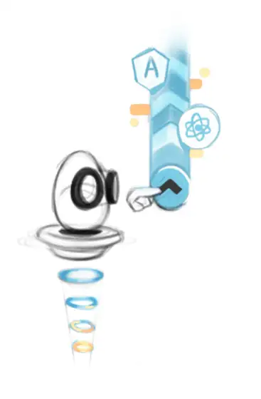 Egghead character points at blue vertical bar with 'A' and atom symbol