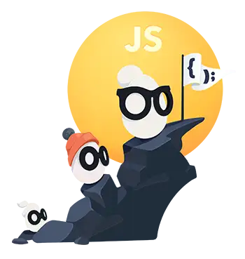 Two Eggos climbing a dark rock face with JS logo and code flag