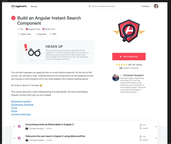Egghead course card with Angular search component title, rating, and instructor info