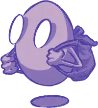 Purple egg mascot running with backpack, simple line art, soft grain texture