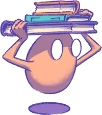 Egg character holding stack of books on head