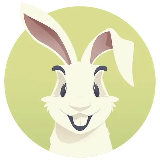 Happy cartoon rabbit with large ears and smile, green circle background