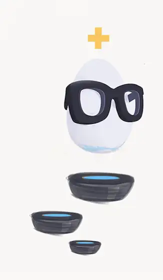 Egghead mascot with plus sign, glasses, and three nested circles