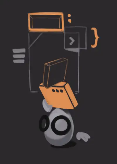 Egghead character balancing code elements on head in dark theme