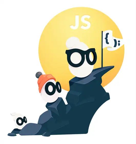 Three Eggos climbing a dark rock face with JS logo in background