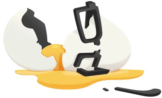 Broken eggshell with spilled yolk and fragmented black device parts