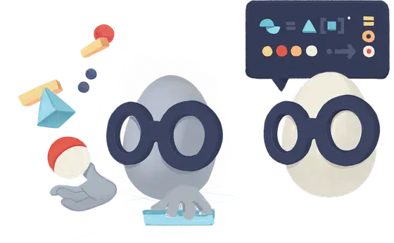 Egghead mascot with glasses, abstract shapes, and design system icons