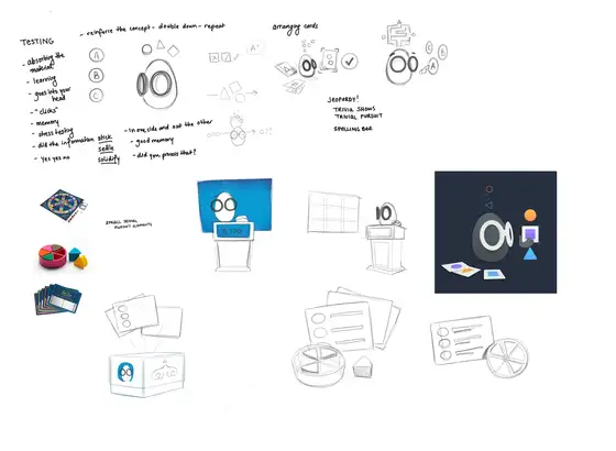 Hand-drawn sketch of quiz interface elements with dark theme and abstract shapes