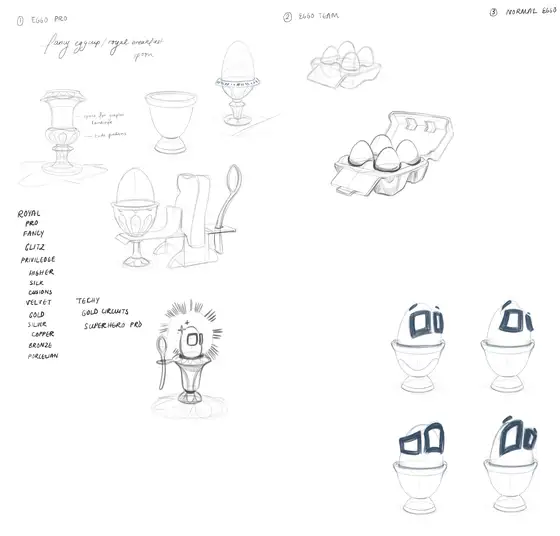 Hand-drawn egg-themed sketch sheet with egg containers, character, and UI elements