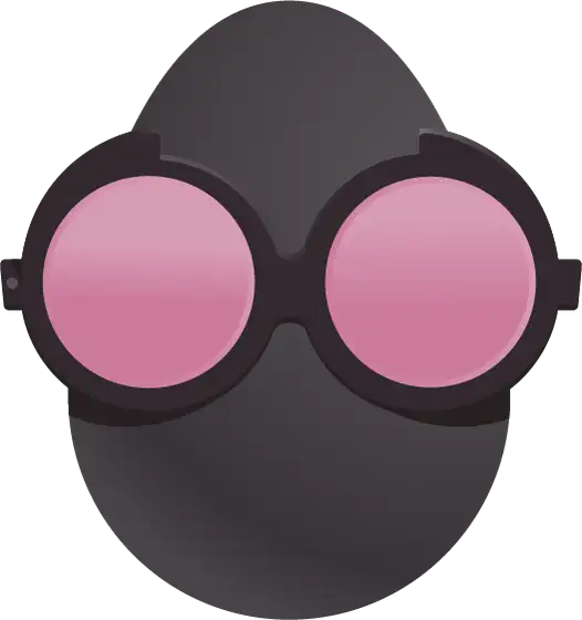 Black egg with large pink-lensed glasses