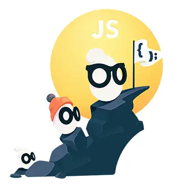 Two Eggos climbing a dark rock face with JS logo in background