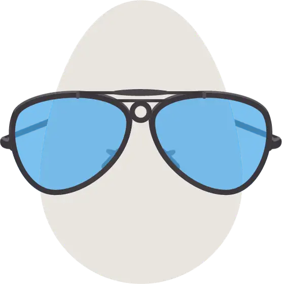Blue-tinted aviator sunglasses on a white egg shape