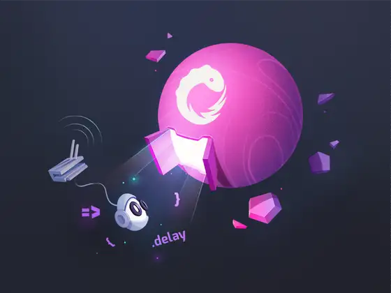 Pink planet with Eggo logo, megaphone, router, code snippets, and floating shapes