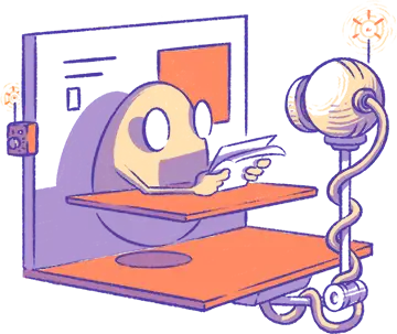 Yellow egg character reading paper at desk with retro computer monitor and lamp