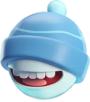 Blue egg character wearing a beanie with visible teeth