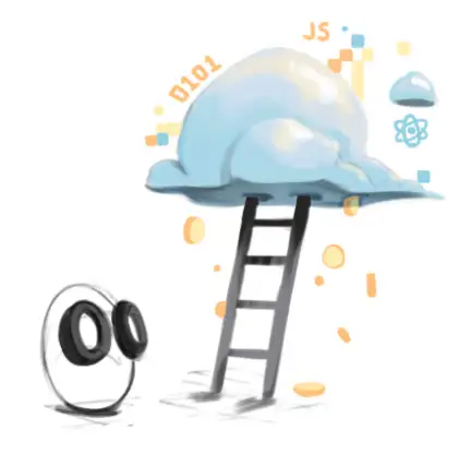 Cloud with ladder, JS code, and egg character looking up