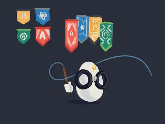 Egghead mascot with lasso, holding JavaScript and design system flags