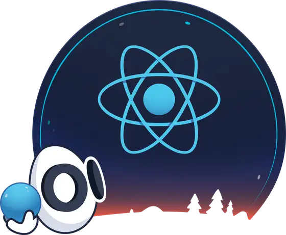 Blue React logo with Egghead character holding sphere, space background
