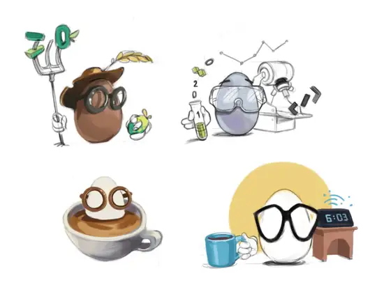Four egg characters: coffee cup, clock, lab gear, and forager with tools