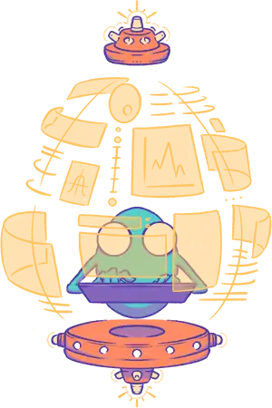 Egghead character with laptop, floating UI elements, and spaceship