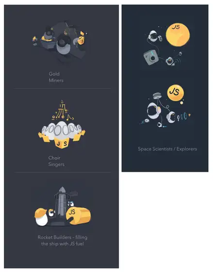 Dark-themed UI sketch showing three JavaScript-themed roles: Gold Miners, Choir Singers, Rocket Builders