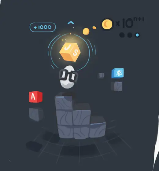 Dark UI sketch with Egghead character holding 'JS' cube, plus 'A' and '10^n+1' elements
