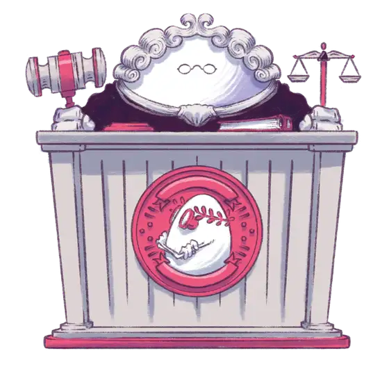 Judge: Egghead illustration of judge with egg character, baseball, and scales of justice