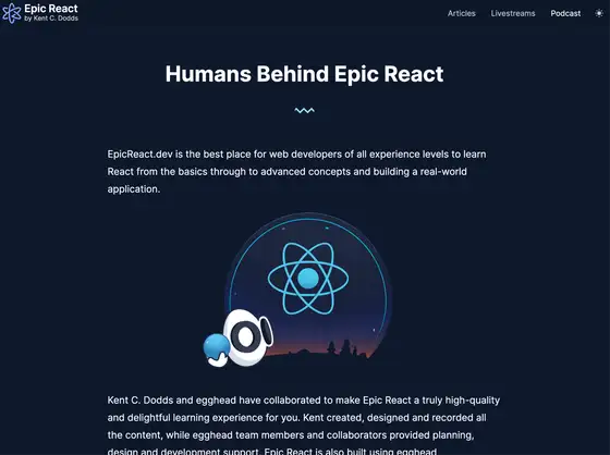 Epic React website header with dark theme, atom icon, and Egghead logo