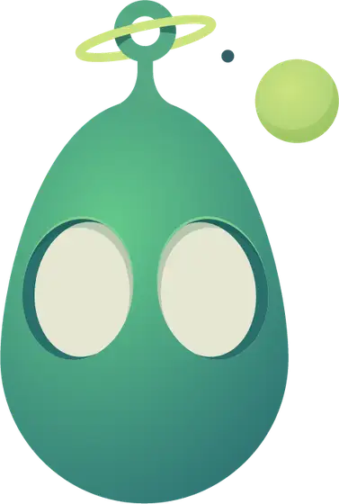Green egg-shaped mascot with large eyes, halo, and floating planets