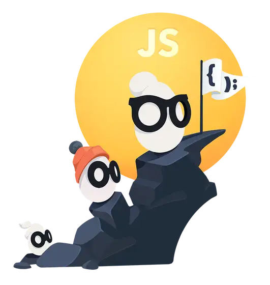 Three Eggos climbing a dark rock face with JS logo and code flag