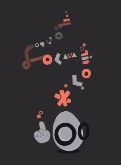 Dark background with egg character surrounded by abstract code symbols