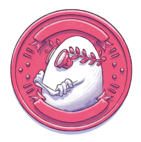 Pink circular badge with egg character holding magnifying glass
