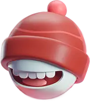 Red egg mascot wearing a knit beanie with visible teeth