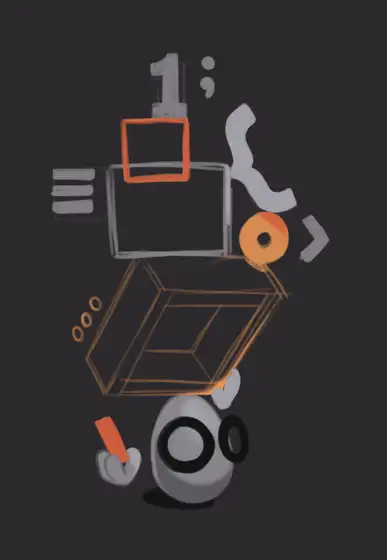 Abstract dark-themed illustration of a stylized egghead balancing code elements